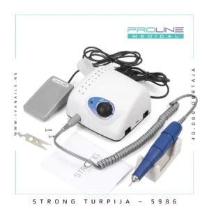 Električna turpija STRONG S210 – 40.000 obrtaja – 5986 jedan je od najtraženijih profesionalnih modela za manikir, pedikir i medicinski pedikir, kao i za rad u kozmetičkim salonima i medicinskim praksama. Sa snagom od 65W i maksimalnom brzinom do 40.000 obrtaja u minuti, obezbeđuje izuzetno stabilan, precizan i tih rad bez vibracija, uz visok nivo kontrole i sigurnosti u radu. Zahvaljujući snažnom motoru i visokom obrtnom momentu, ovaj model je pogodan za zahtevne tretmane medicinskog pedikira, uključujući rad na zadebljanjima, kurjim očima, hiperkeratozi i problematičnim noktima.